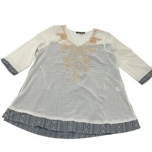 Andree by Unit Shirt Womens Small Tunic Cream Beige Blue Printed Boho